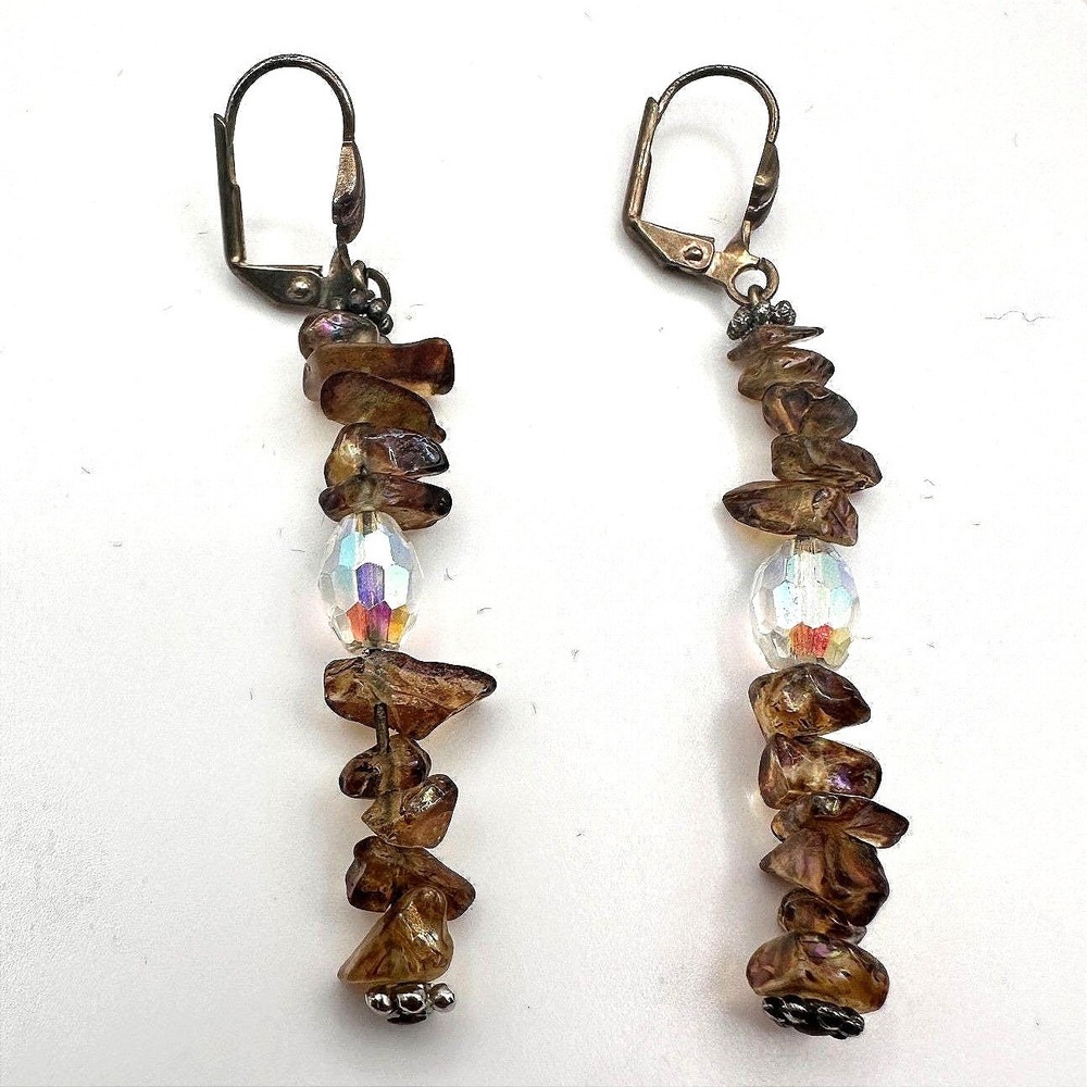 Vintage 80s Smoky Brown Gemstone Chip Earrings Faceted Lever back‎ Drop Jewelry